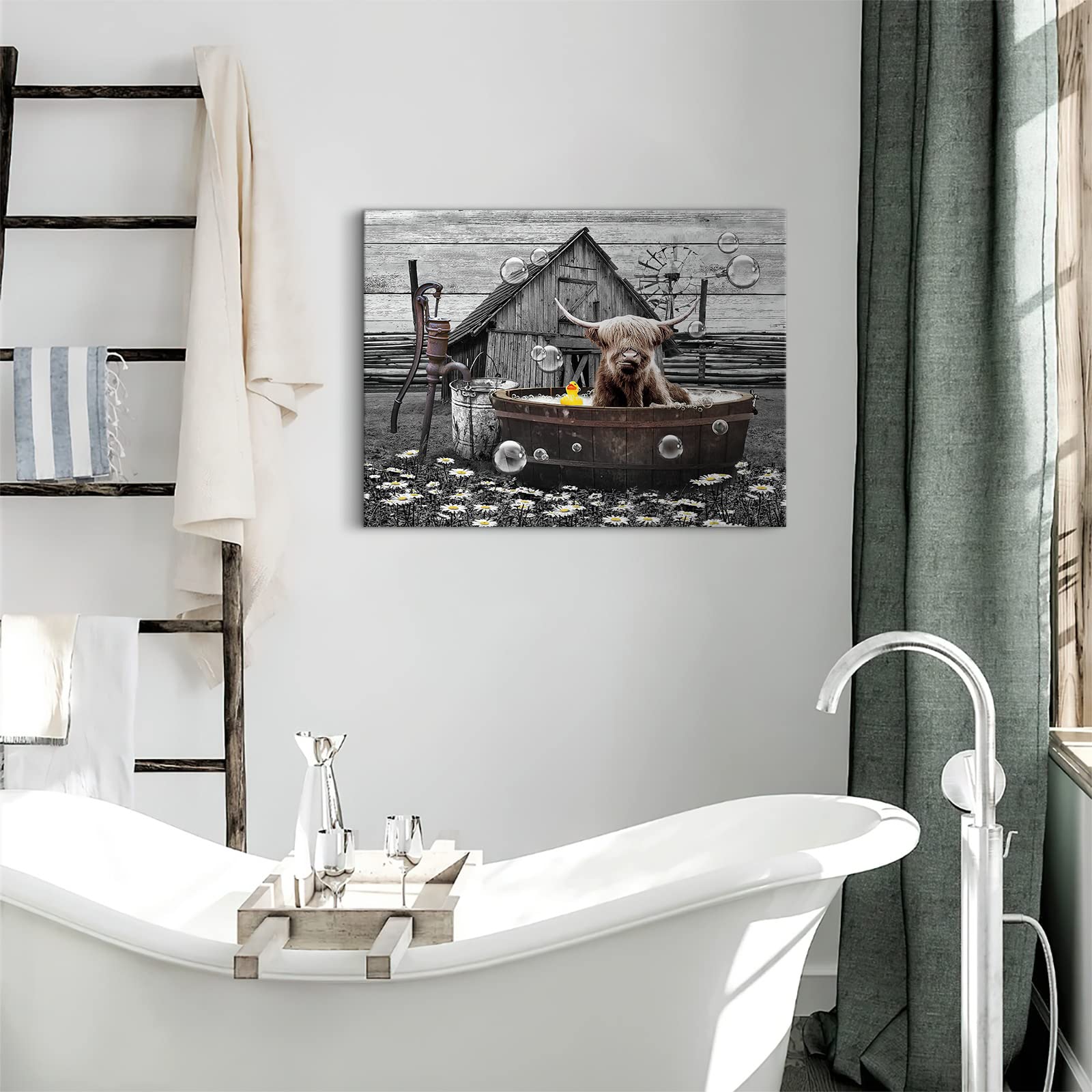 Farmhouse Bathroom Decor Wall Art Funny Highland Cow In Bathtub Pictures Wall Decor Rustic Bathroom Cow Painting For Bathroom To